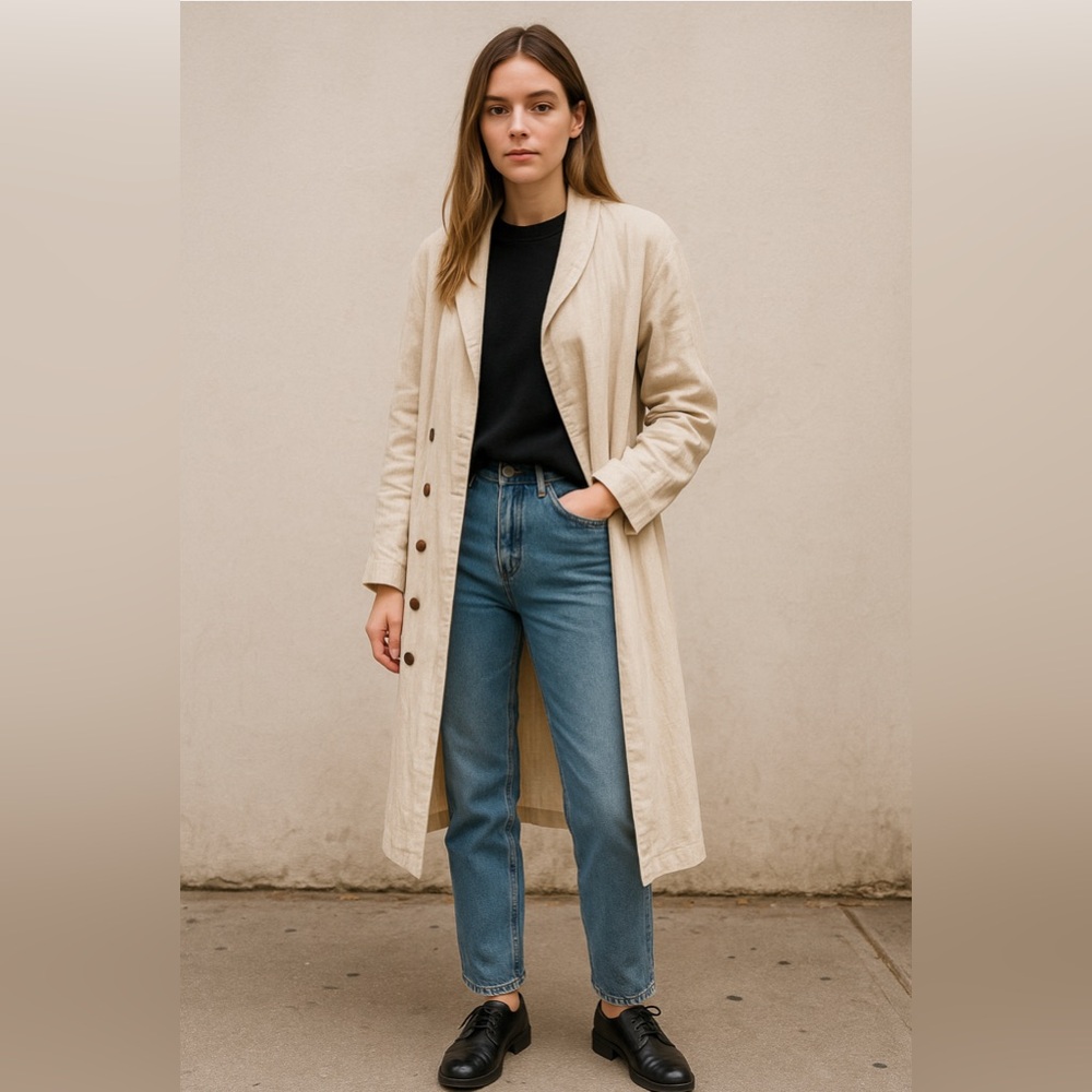 Vintage Beige Long Button Front Duster Coat